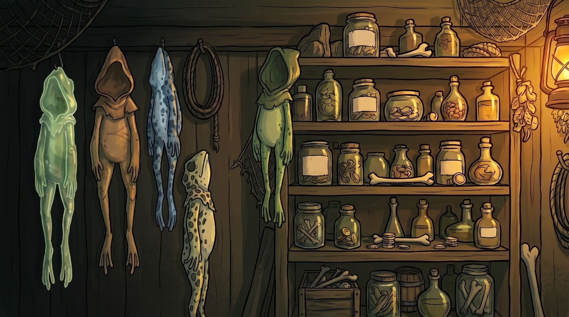 Shelves of hanging skins